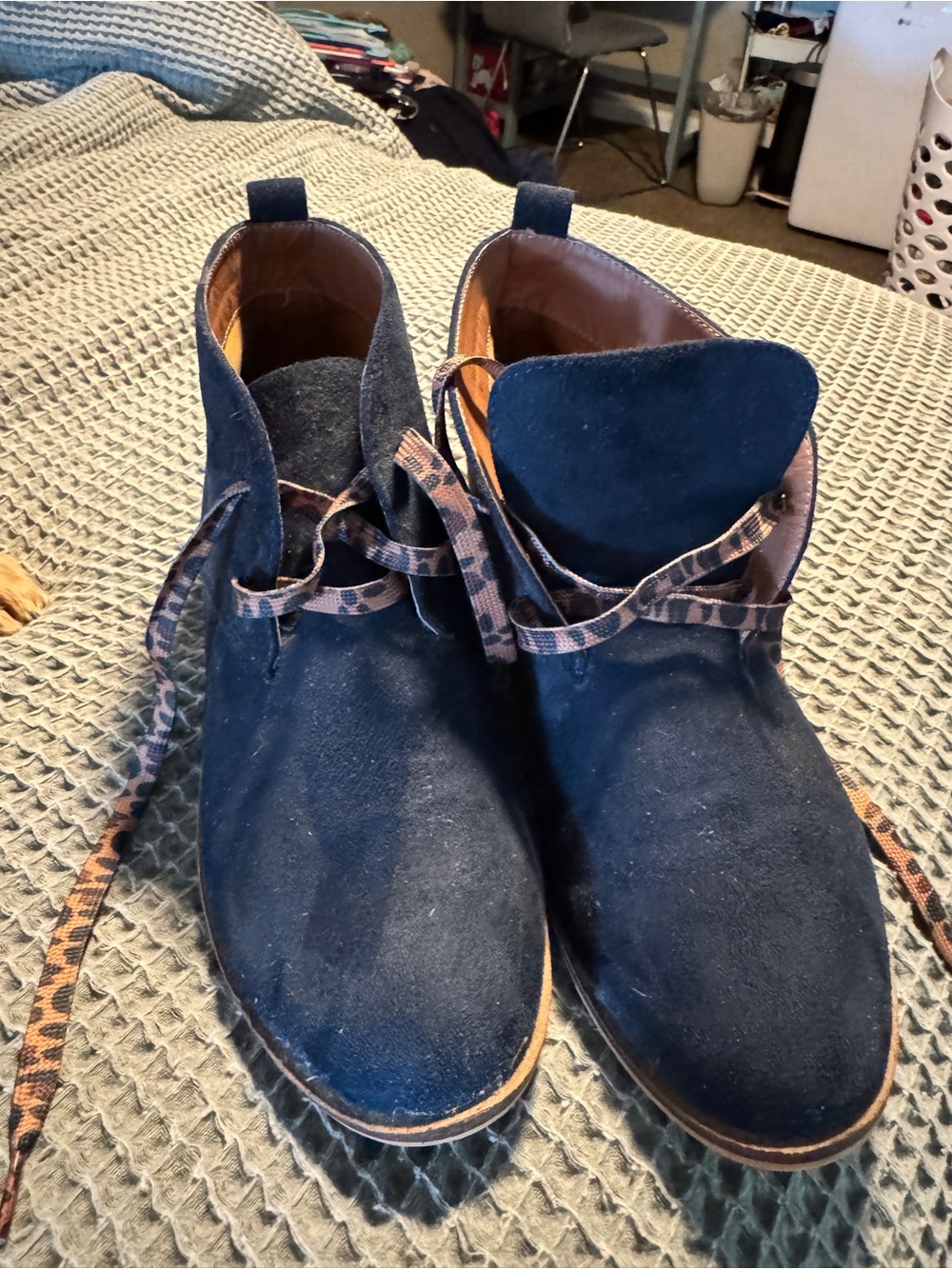 Women’s Navy Suede Ankle Booties with Patterned Laces